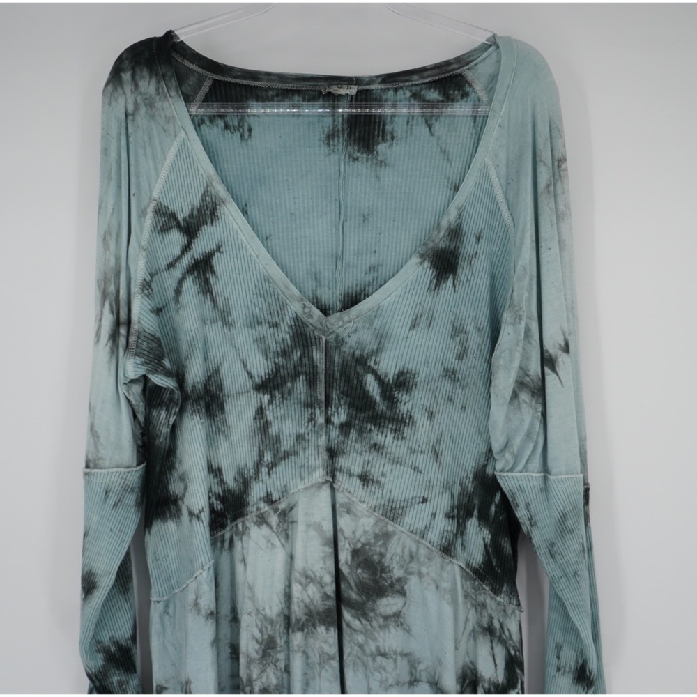 POL Tie Dye V-Neck Tunic Top Teal Black Ribbed Knit Babydoll PLUS 3XL - Picture 2 of 8